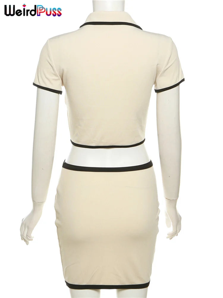 Ribbed 2 Piece Set Polo Neck Button Cropped Top +Mini Skirt Set