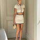 Ribbed 2 Piece Set Polo Neck Button Cropped Top +Mini Skirt Set